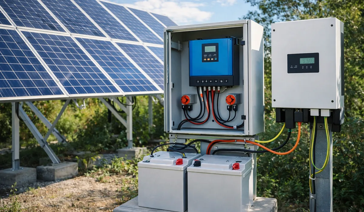 Solar PV array with inverter and battery storage on a renewable energy site